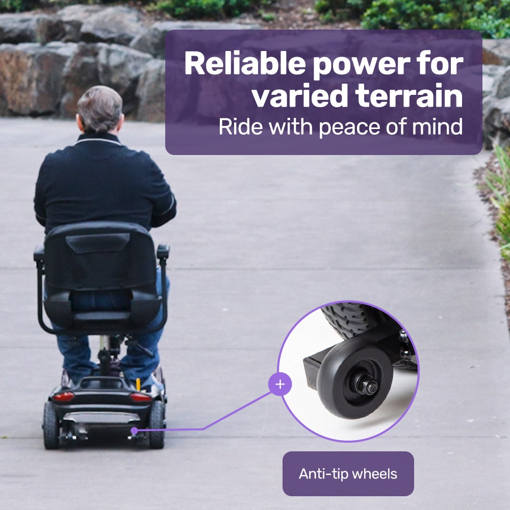 Man using a mobility scooter on a paved path with text about reliable power for varied terrain.