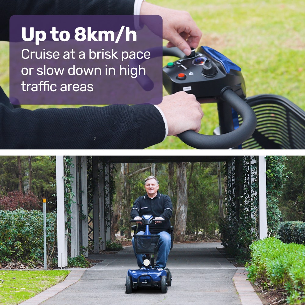 Person operating a mobility scooter with text about speed capabilities, followed by a man using the scooter in a park.