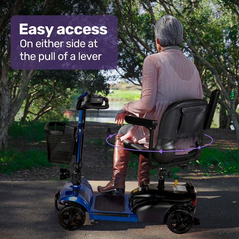 Person using a mobility scooter with text 'Easy access On either side at the pull of a lever' in an outdoor setting.