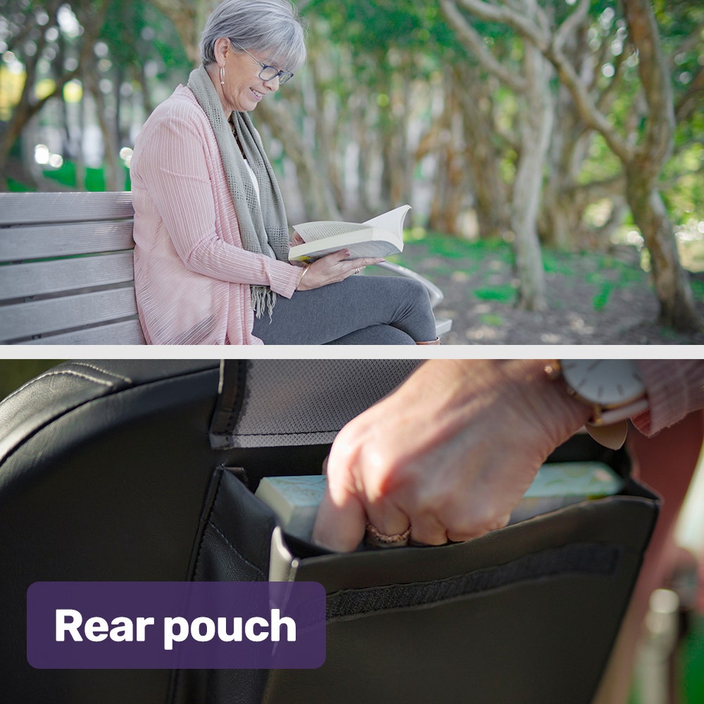 Woman reading a book on a bench with a close-up of a rear pouch labeled 'Rear pouch'.