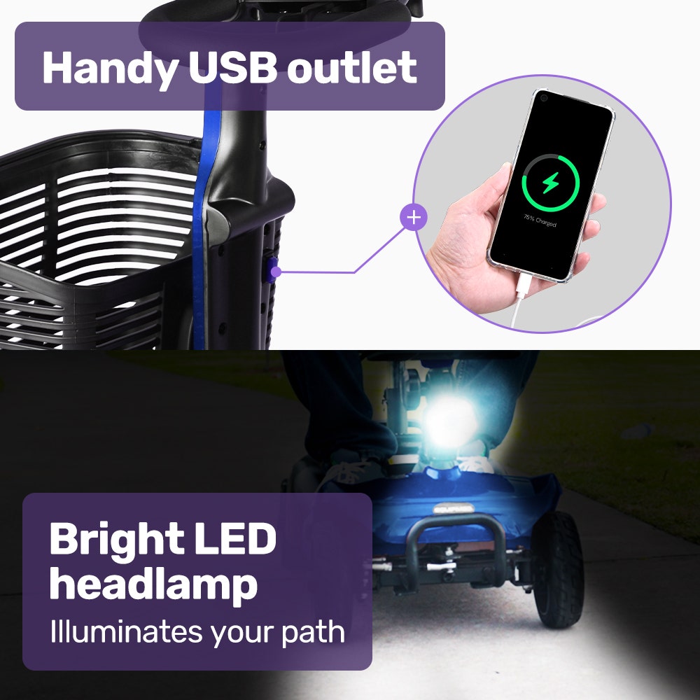 Electric scooter with USB outlet and LED headlight features, highlighting functionality.