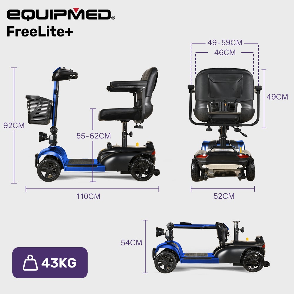 EQUIPMED FreeLite+ scooter with dimensions and weight displayed on a white background