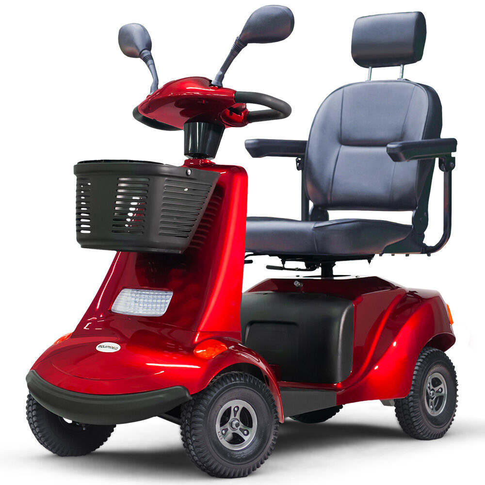 Red mobility scooter with a gray seat on a white background