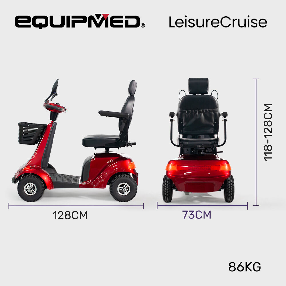 Red mobility scooter with dimensions and weight information on a white background, featuring the Equipmed brand.