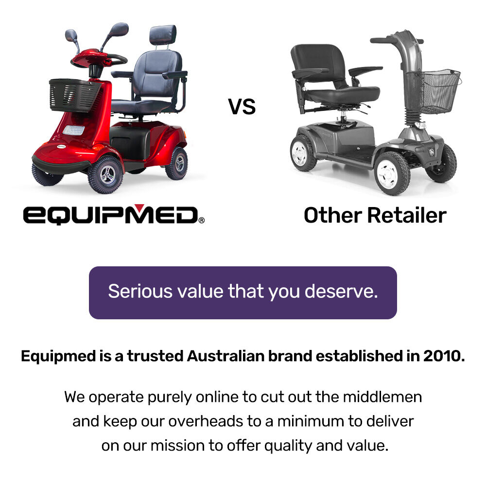 Comparison between Equipmed and other retailer scooters with text about Equipmed's brand and values.