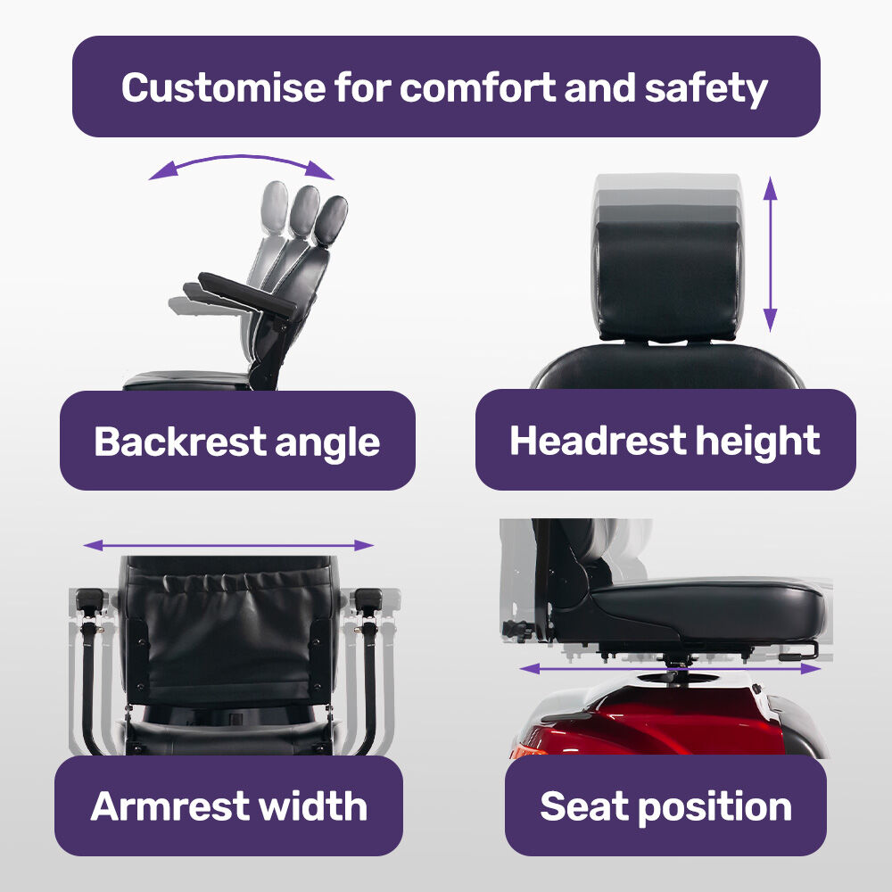 Chair customization options for comfort and safety with labeled parts on a purple background.