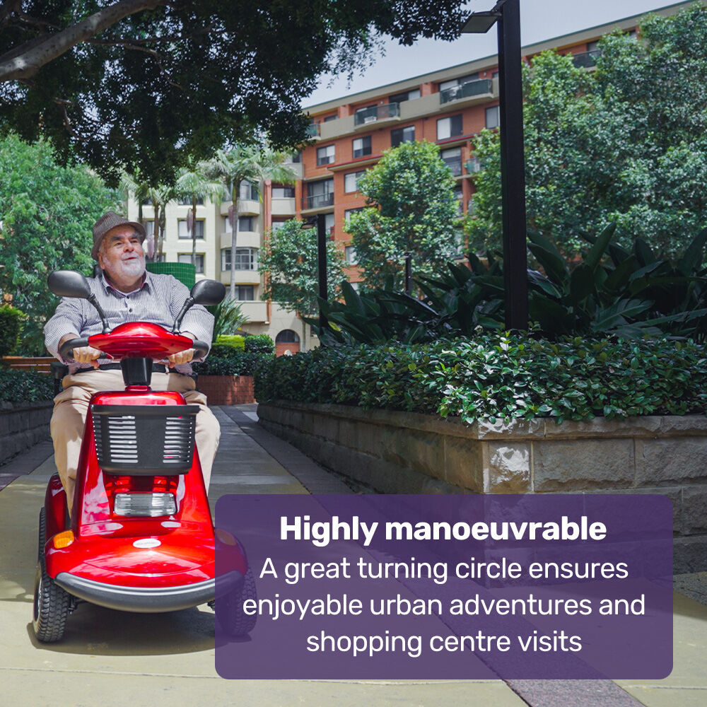 Man riding a red mobility scooter in an urban setting with text about its maneuverability.