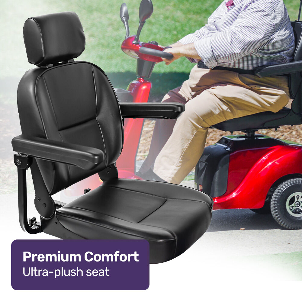Black ultra-plush scooter seat with a blurred background of a person using a scooter.
