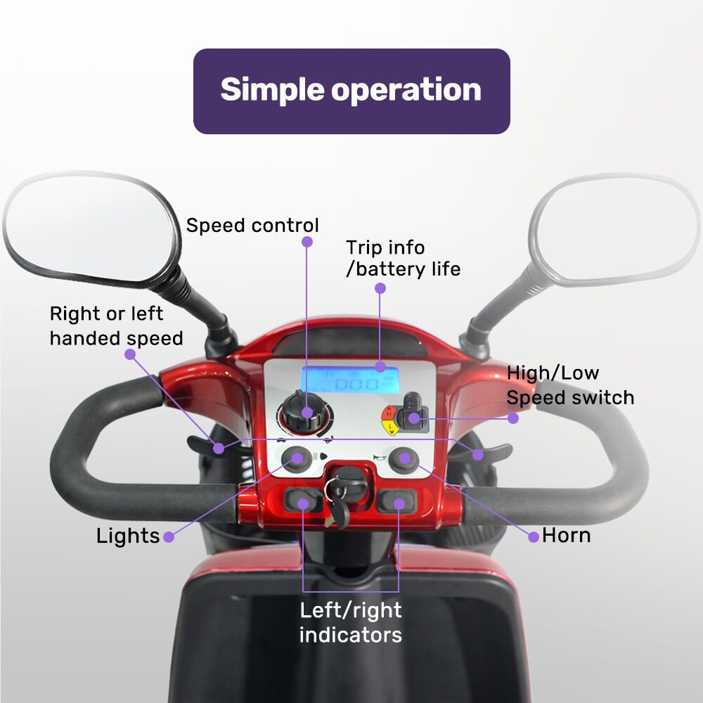 Control panel of a mobility scooter with labeled components on a white background