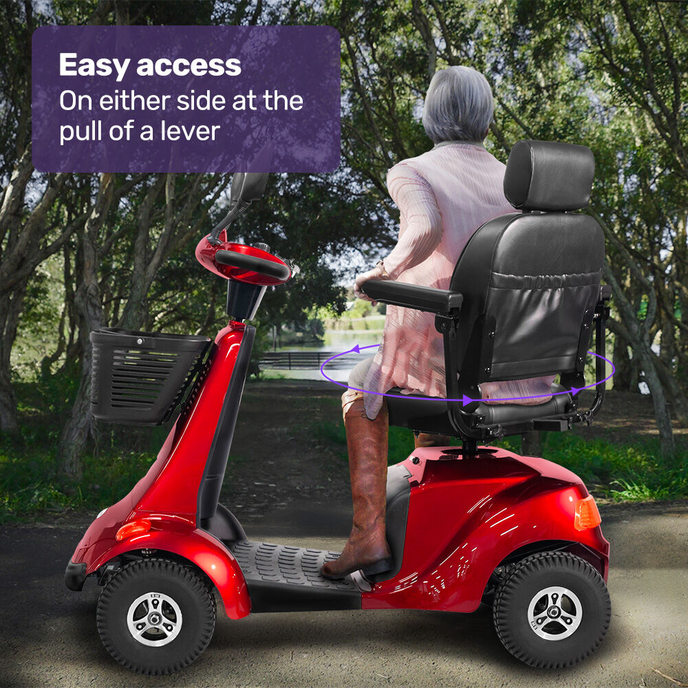 Person using a red mobility scooter with text about easy access on either side.