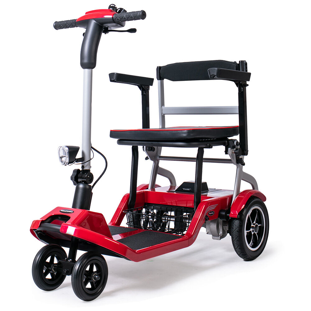 Red mobility scooter with a seat on a white background
