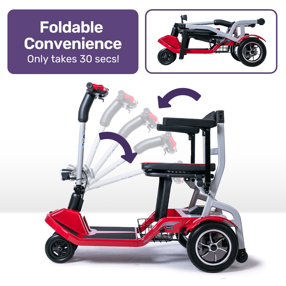 Foldable scooter with text indicating it takes 30 seconds to fold, on a white background.