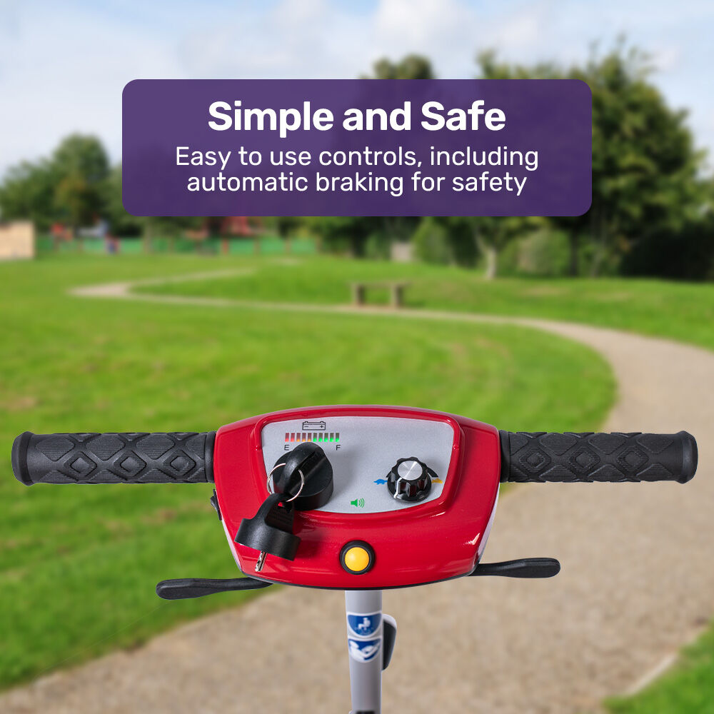 Red scooter handlebar with control panel against a park background, featuring text about safety features.