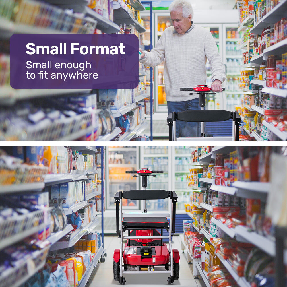 Small mobility scooter being used by a person in a grocery store with text 'Small Format, Small enough to fit anywhere'.