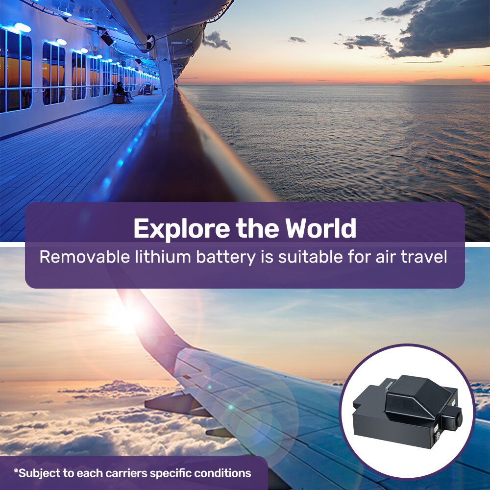 Cruise ship at sunset with airplane wing, promoting a removable lithium battery for air travel.