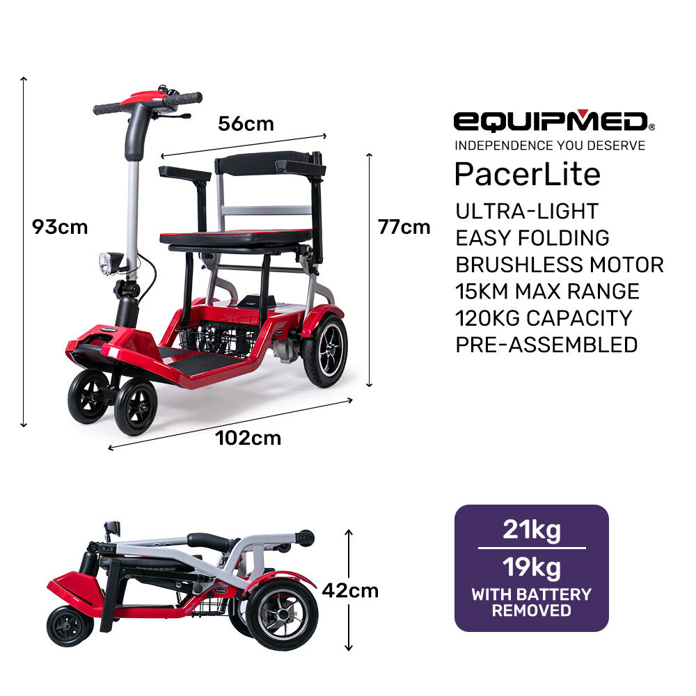 Red and black scooter with dimensions and features listed on a white background