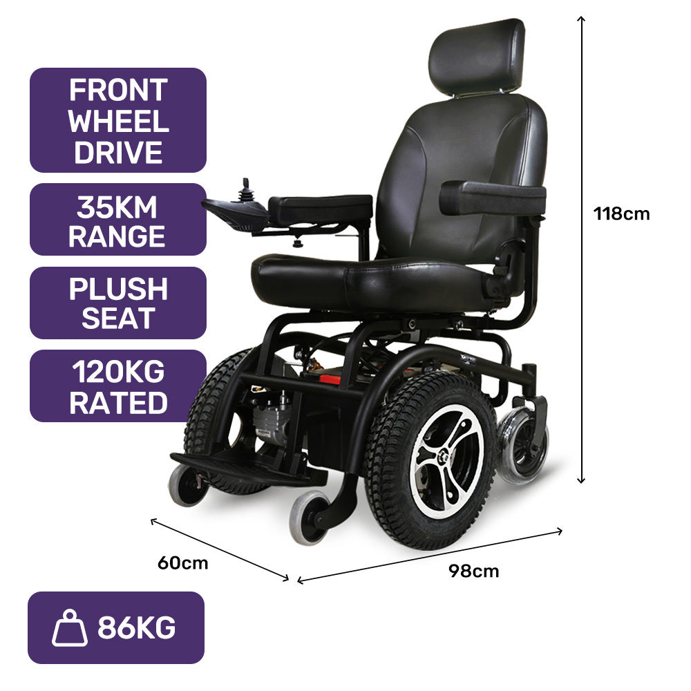 Black electric wheelchair with specifications on a white background