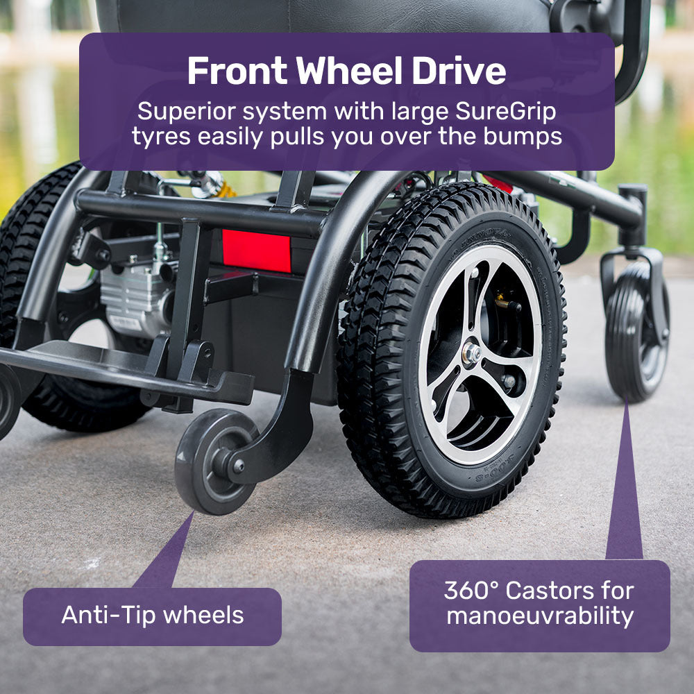 Power wheelchair with front wheel drive system, large tires, and text highlighting features.