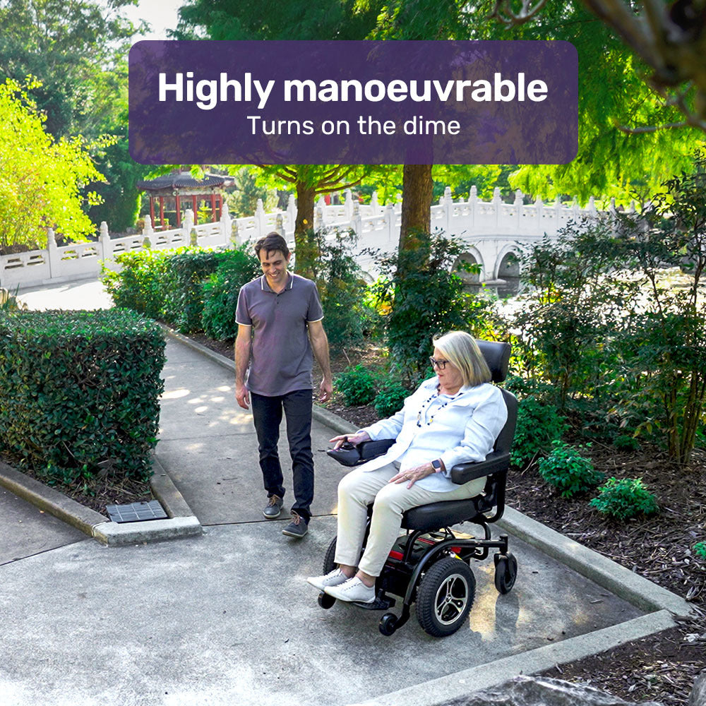 Person using a wheelchair with a helper in a park setting, with text about maneuverability.