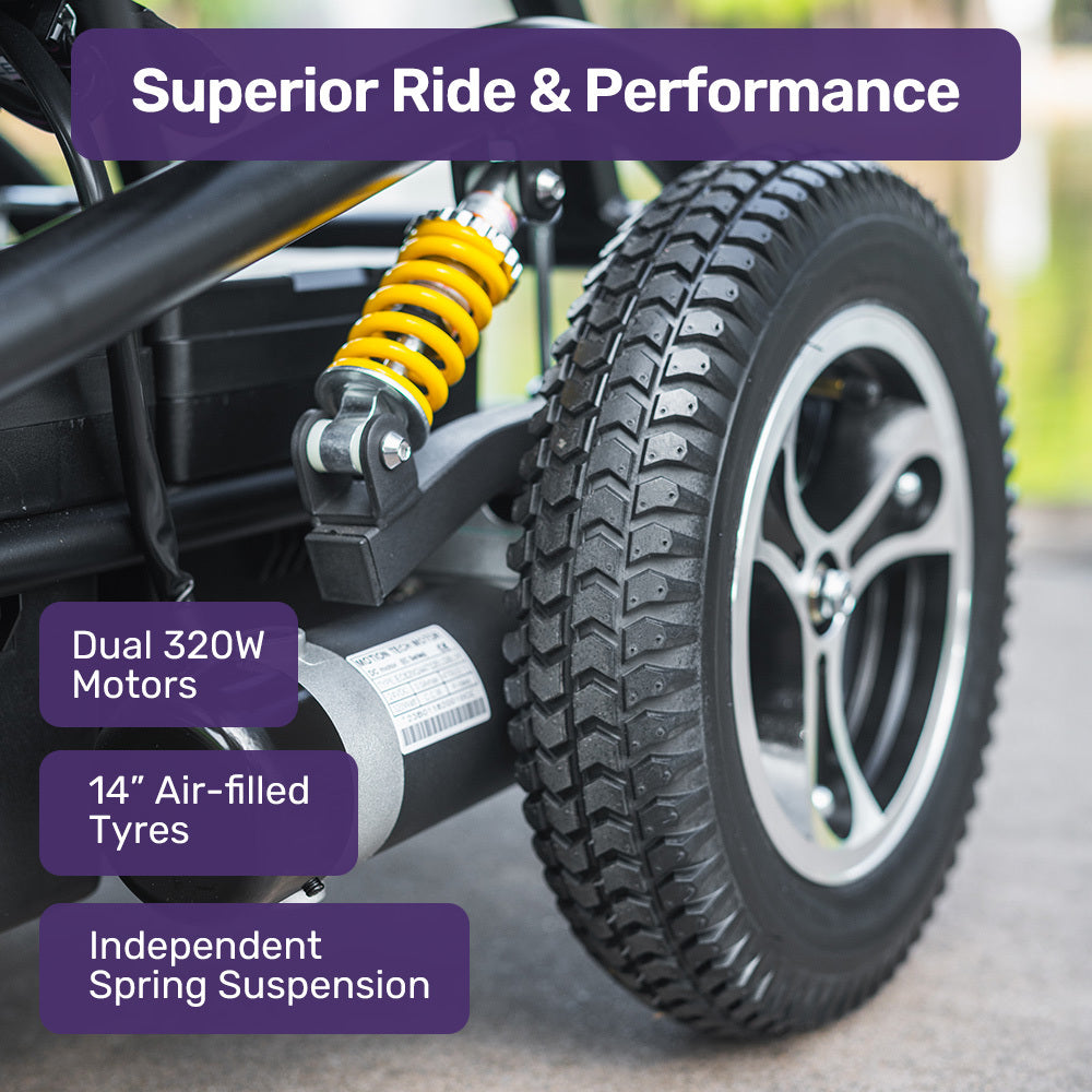 Close-up of a vehicle's wheel with suspension and tire, featuring text about superior ride and performance.