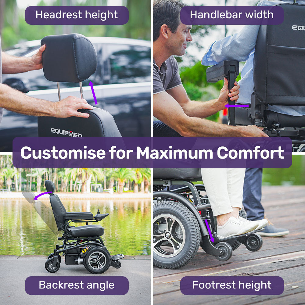 Two images showing a power wheelchair with customizable features for comfort.