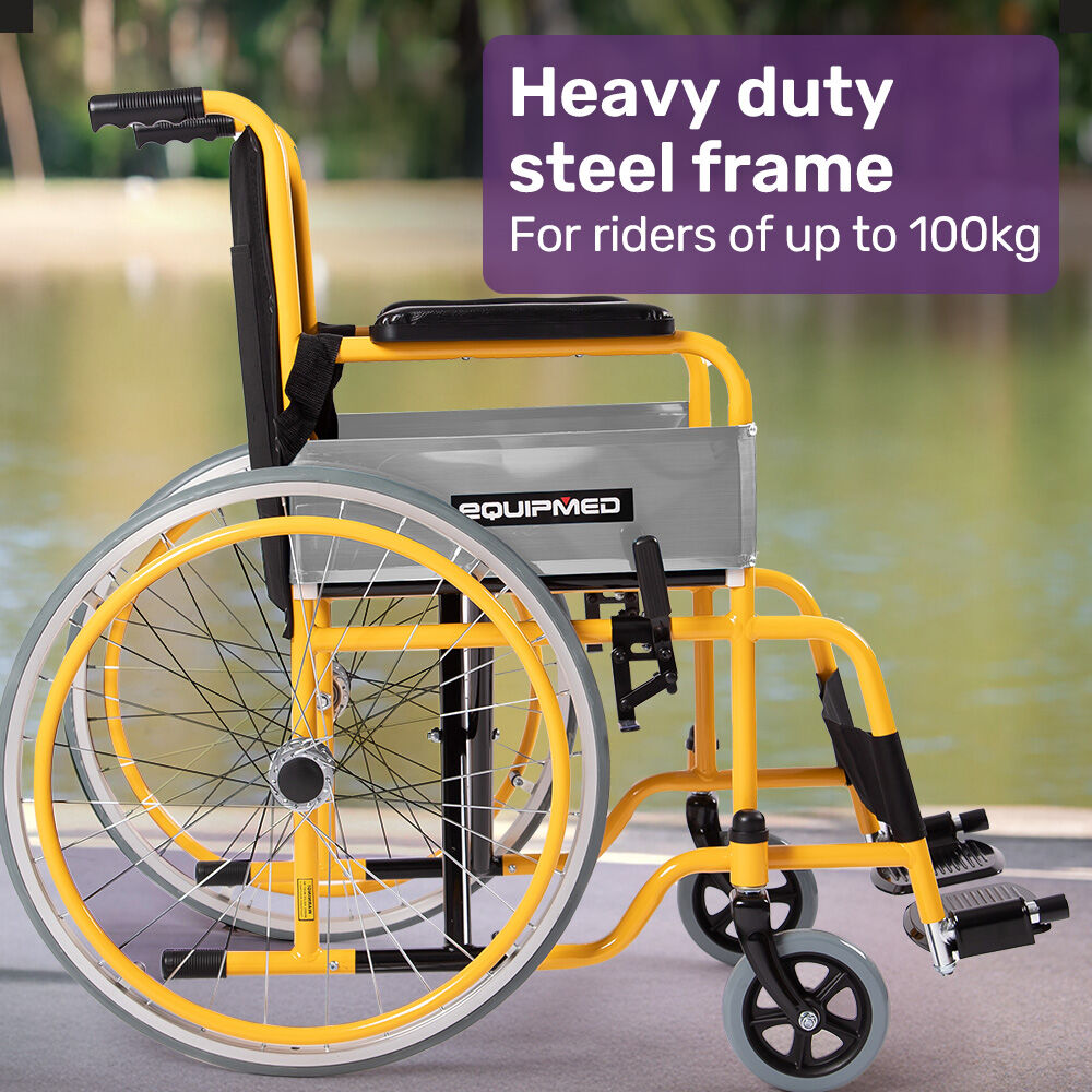 Yellow and gray wheelchair with 'Equipmed' branding by a body of water.