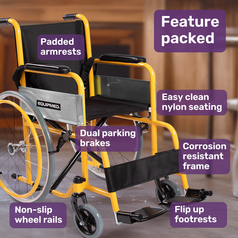 Yellow wheelchair with features highlighted on a blurred background