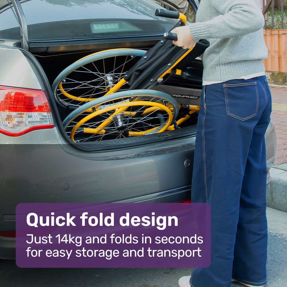 Person loading a yellow and black bike into a car trunk with text about quick fold design.