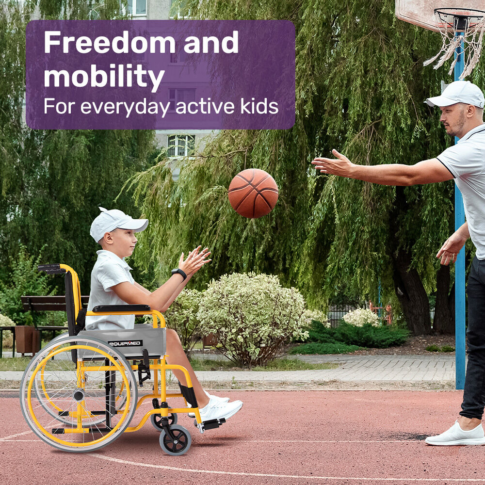 Child in a wheelchair playing basketball with an adult on a playground.