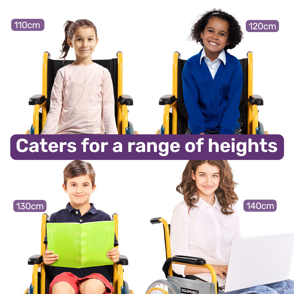 Children of different heights using a range of wheelchairs with text indicating height compatibility.