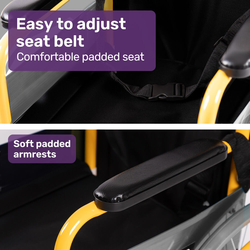 Stroller with text highlighting adjustable seat belt, comfortable padded seat, and soft padded armrests.