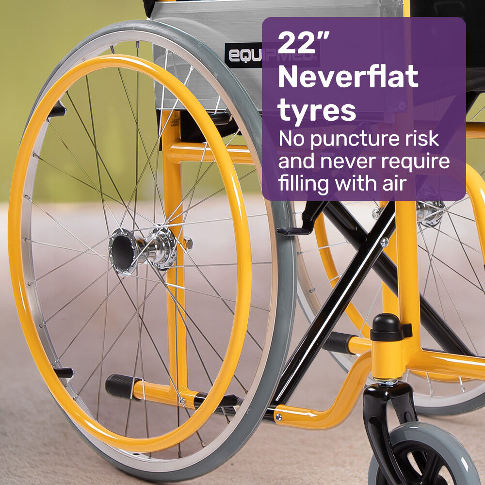 Wheelchair with yellow wheels and a purple text box highlighting '22” Neverflat tyres' feature.