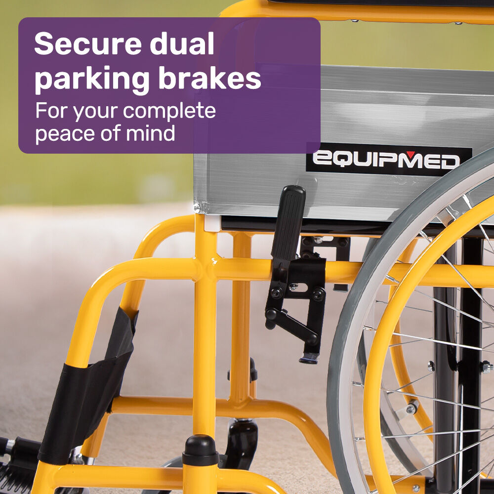 Yellow wheelchair with Equipmed branding and text about secure dual parking brakes.