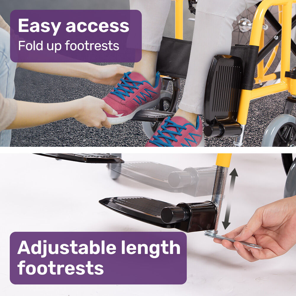 Wheelchair with fold-up and adjustable length footrests, showing ease of use.