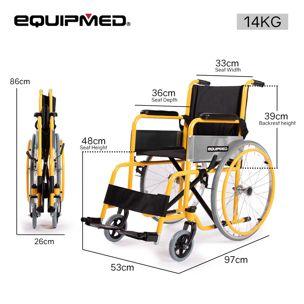 Yellow wheelchair with dimensions labeled, featuring Equipmed branding.