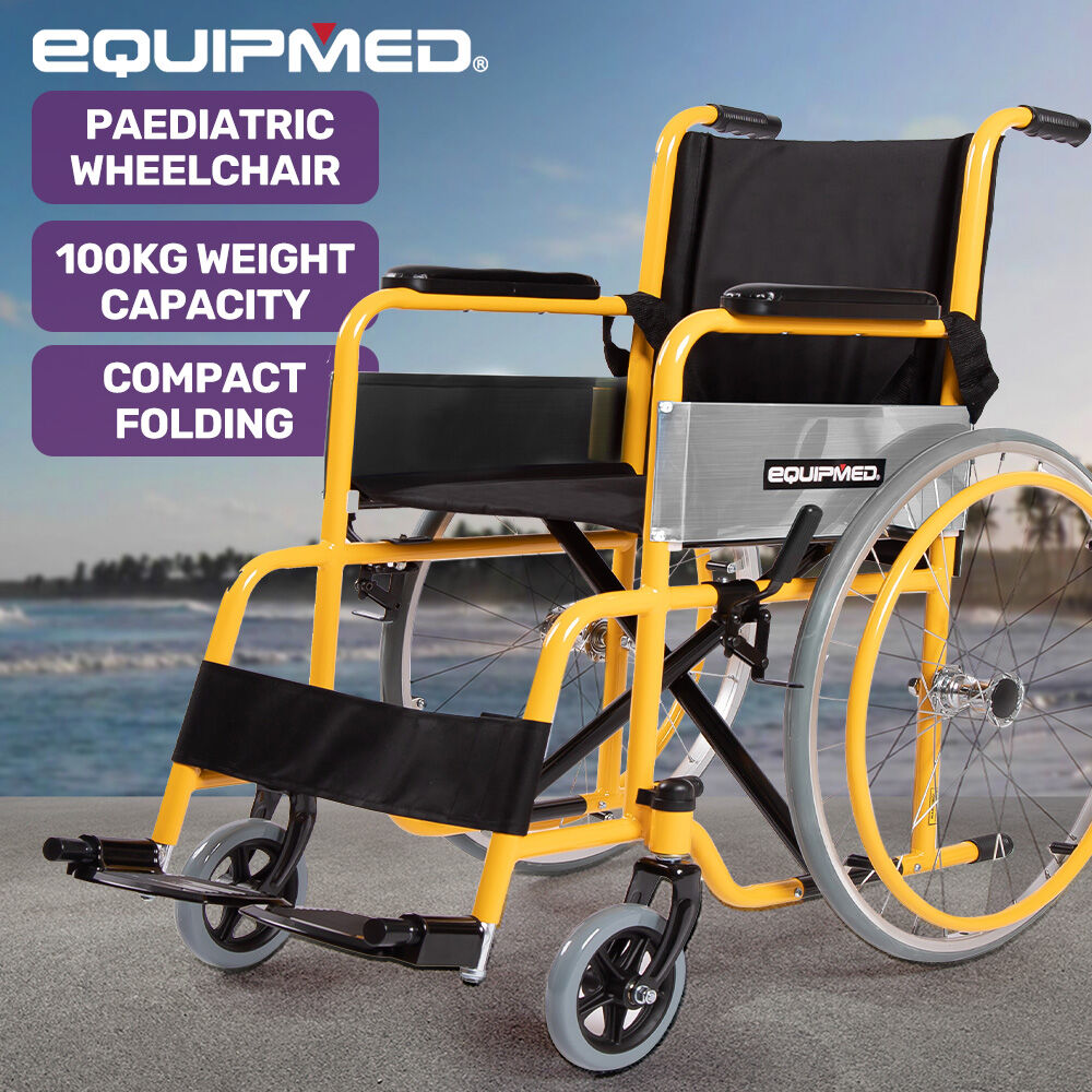 Yellow and black pediatric wheelchair with EQUIPMED branding on a beach background
