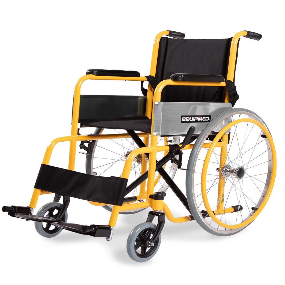 Yellow and black wheelchair with visible brand name on a white background