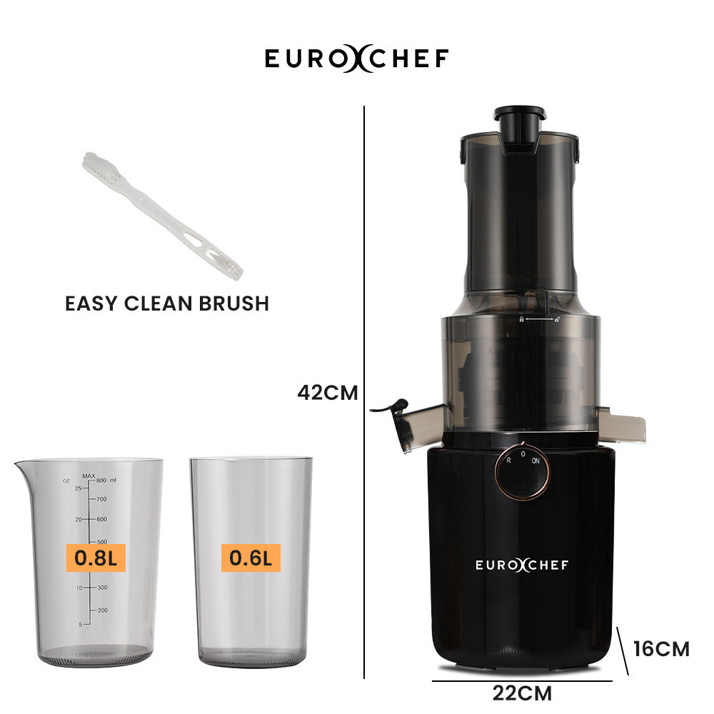 EUROCHEF juicer with measuring cups and cleaning brush on a white background