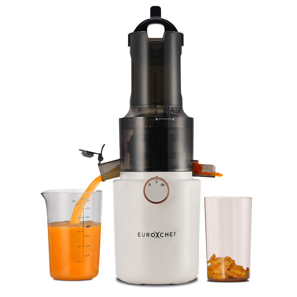 EUROXCHEF juicer with carrot juice being poured into a glass on a white background