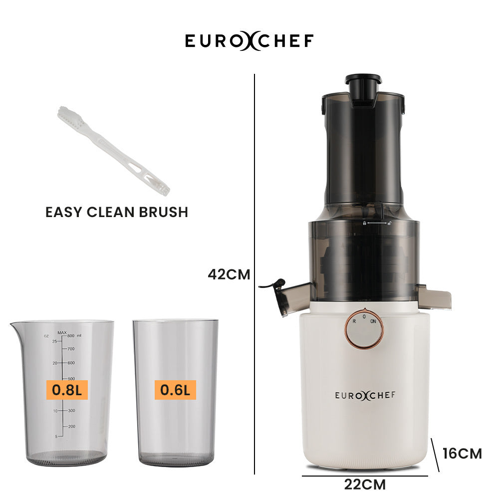 EUROCHEF juicer with measuring cups and cleaning brush on a white background