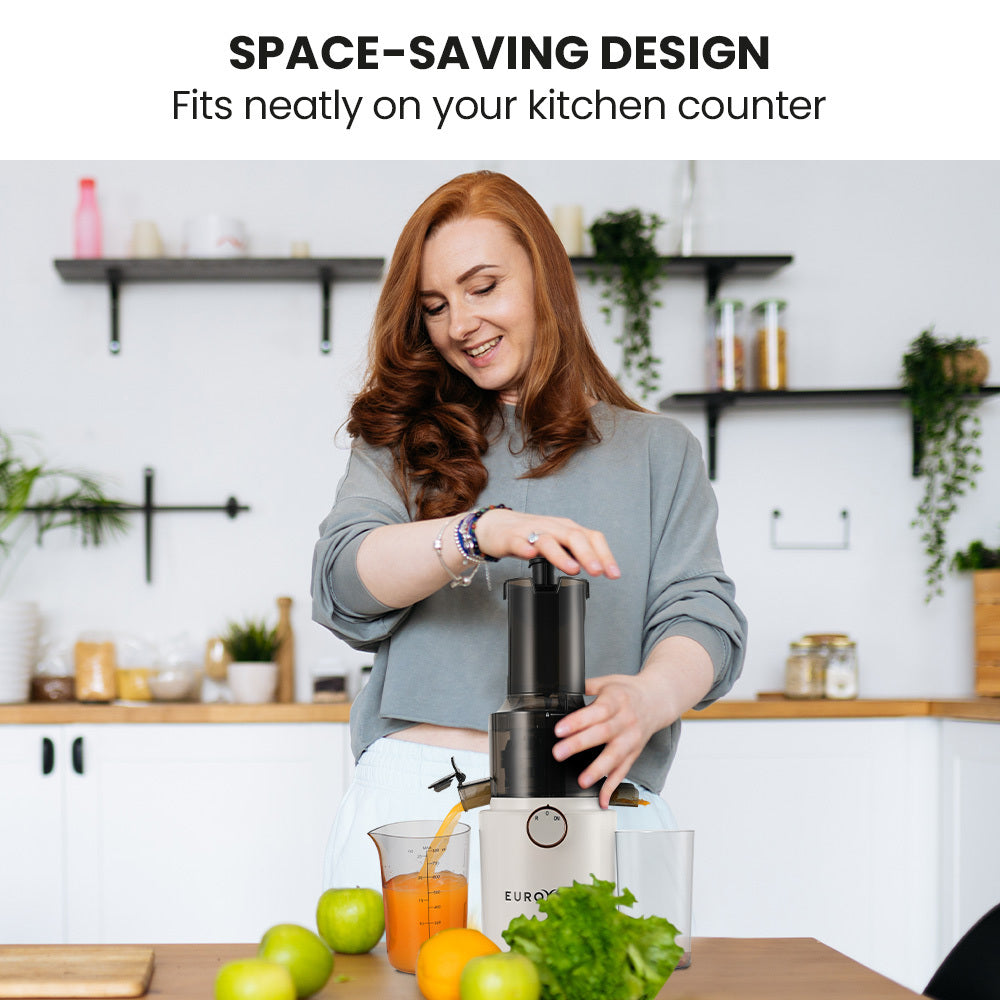Woman using a kitchen appliance with text 'Space-saving design fits neatly on your kitchen counter' in a kitchen setting.