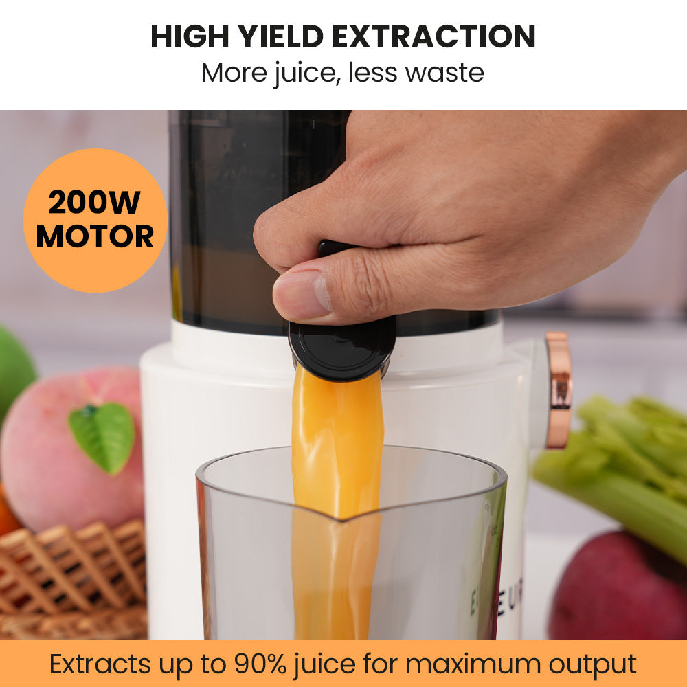 Juicer extracting juice with text highlighting high yield extraction and 200W motor.
