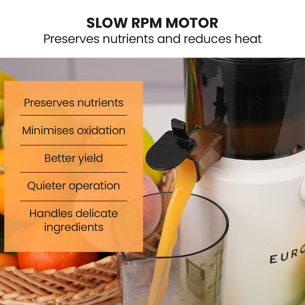Juicer with slow RPM motor feature highlighted, showing juice being poured into a glass.