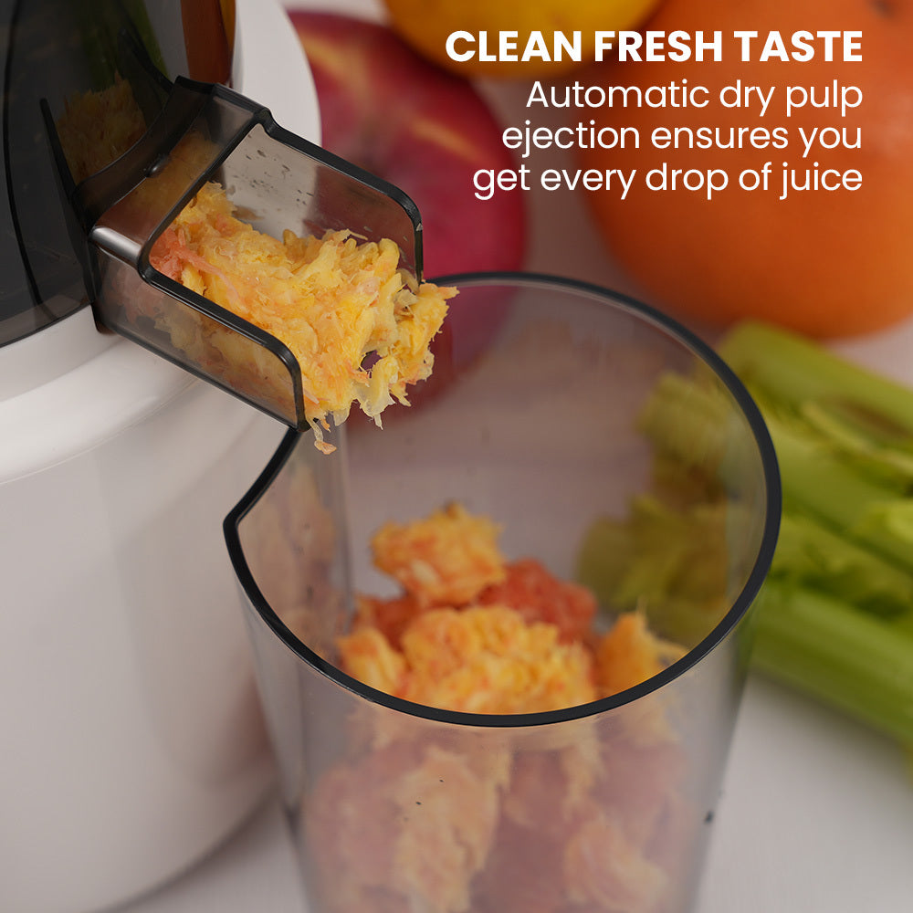 Blender with pulped fruit and text about dry pulp ejection.