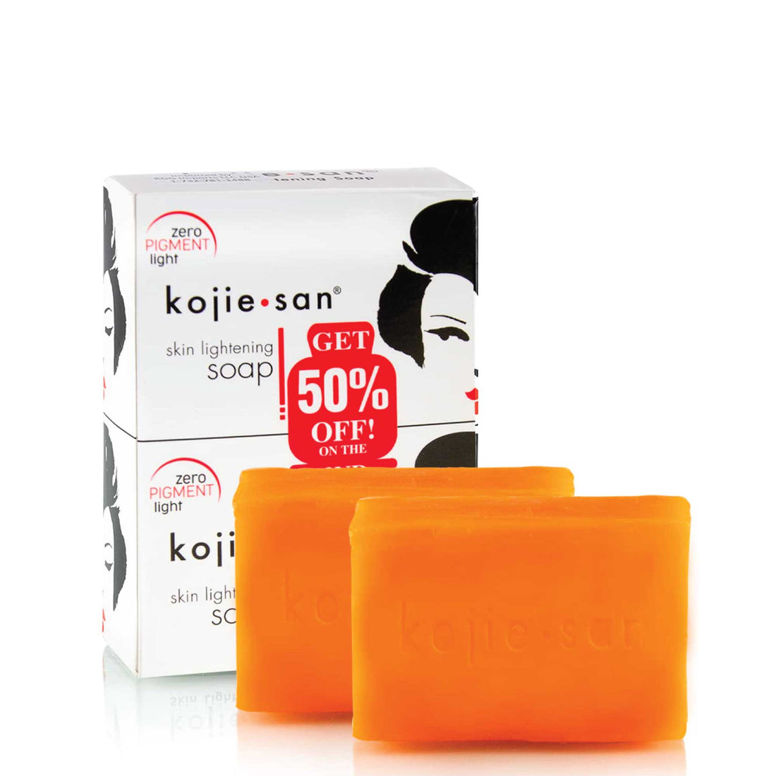 Kojie San skin lightening soap with packaging on a white background