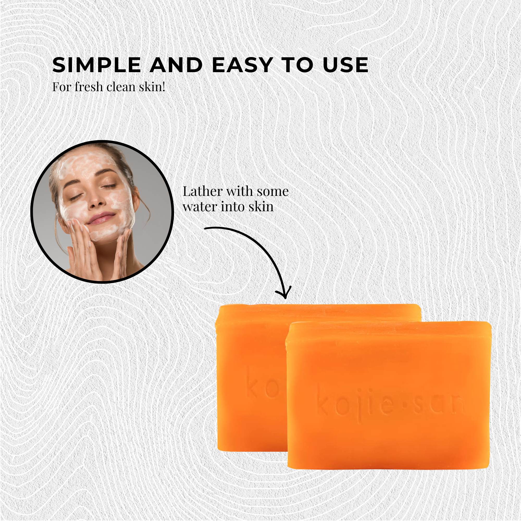 Two orange soap bars with a person lathering their face, on a textured white background.