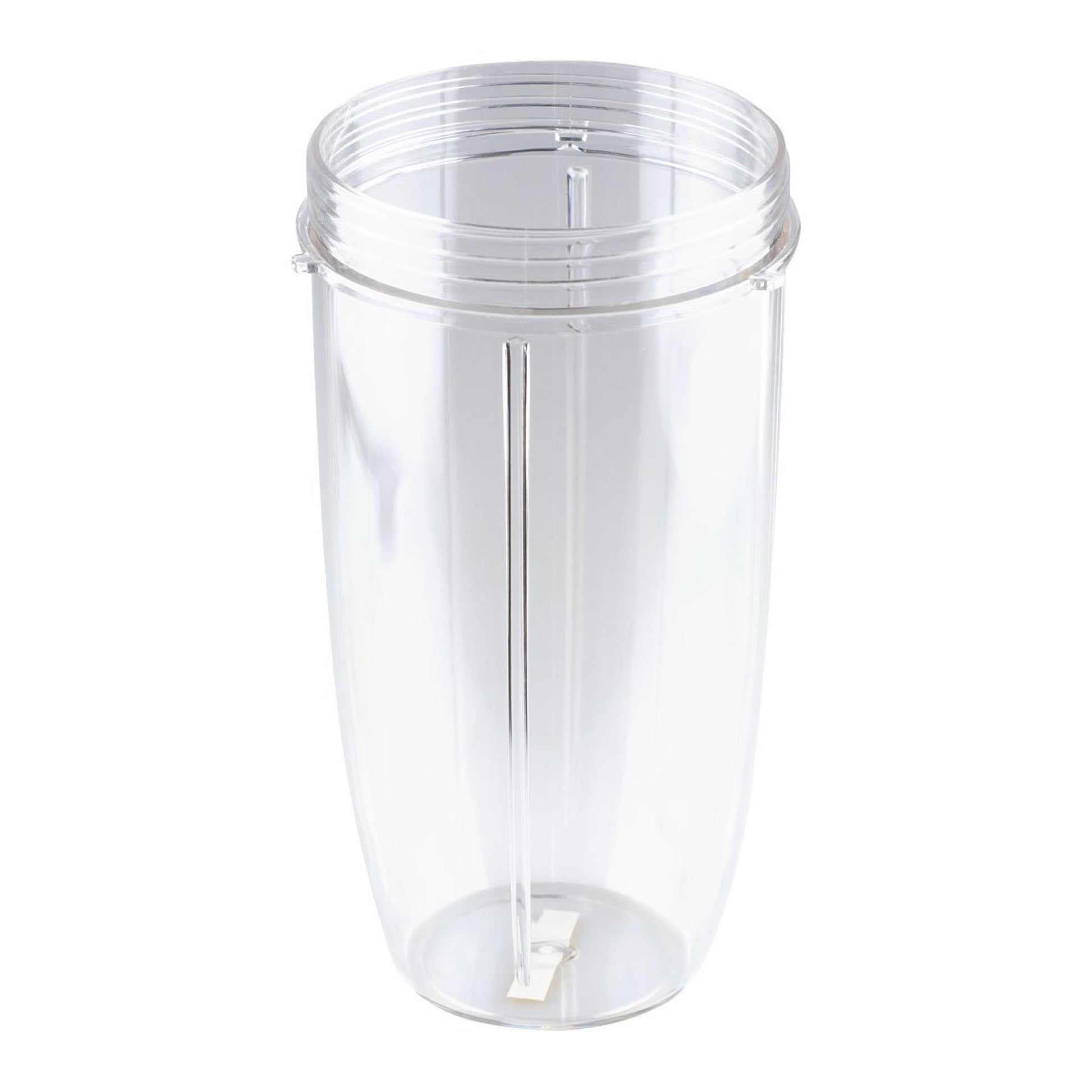 Clear plastic blender container on a white background