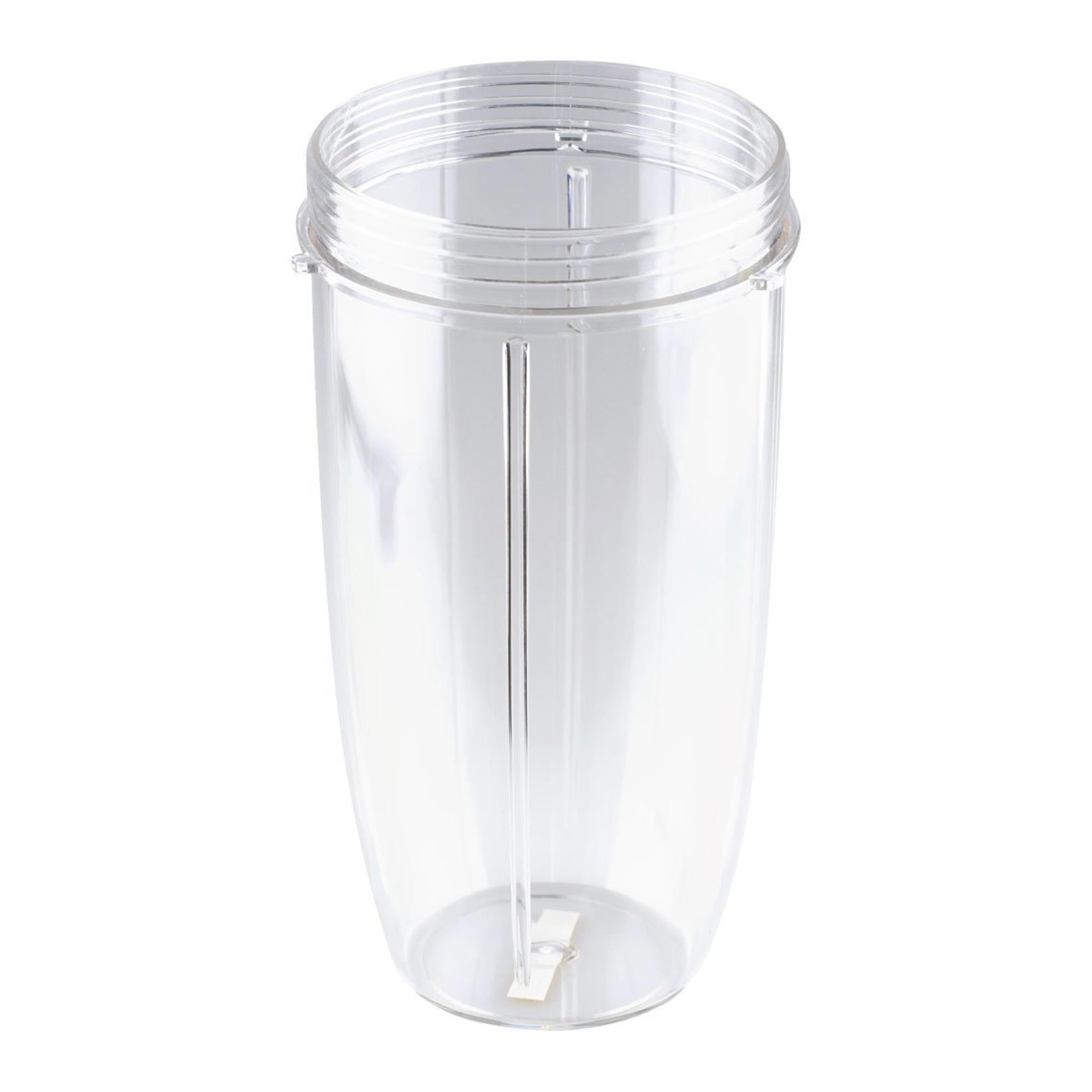 Clear plastic blender container on a white background