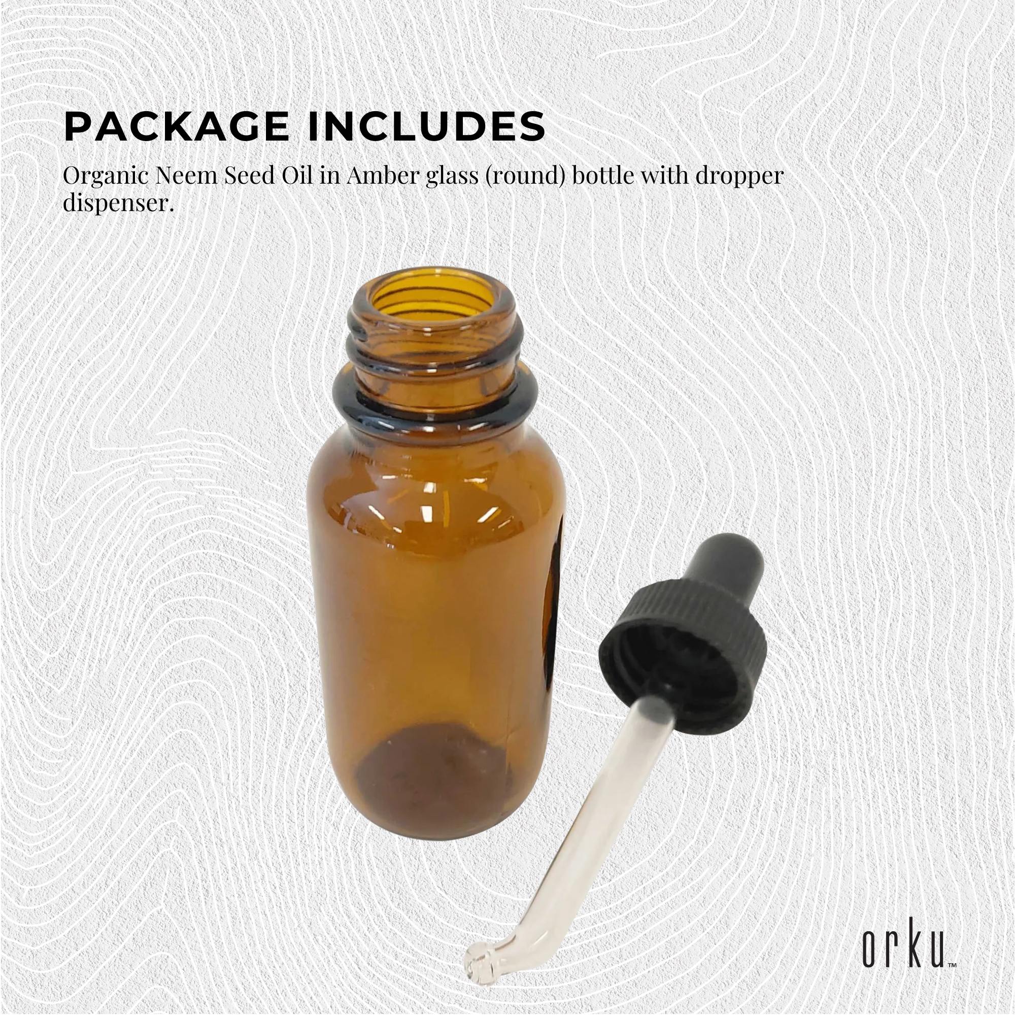 Amber glass bottle with dropper on a textured white background, featuring 'orku' branding.
