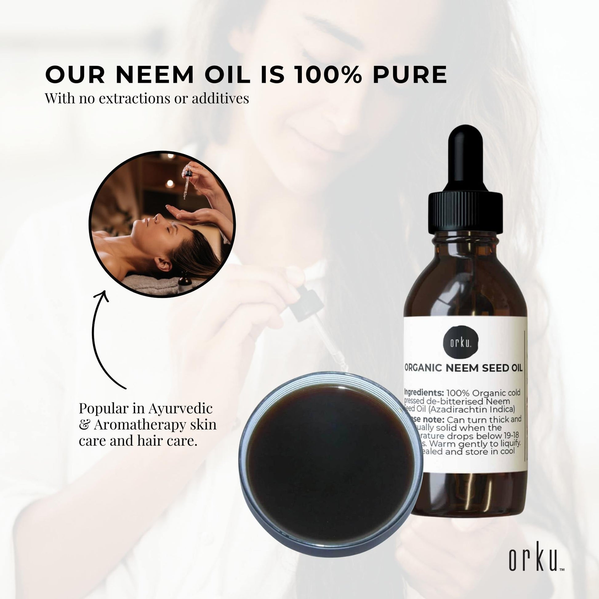 Bottle of neem seed oil with a dropper, surrounded by text highlighting purity and uses.